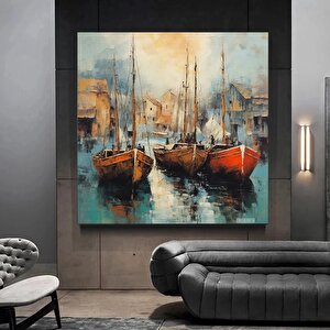 Denizde Yatlar Kanvas Tablo, Soyut Deniz Manzarası Kanvas Baskı 70x70 cm