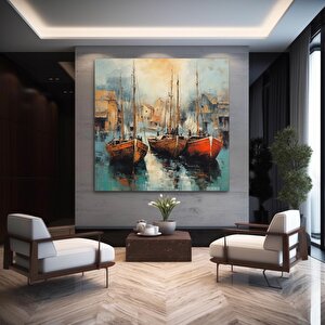 Denizde Yatlar Kanvas Tablo, Soyut Deniz Manzarası Kanvas Baskı 100x100 cm
