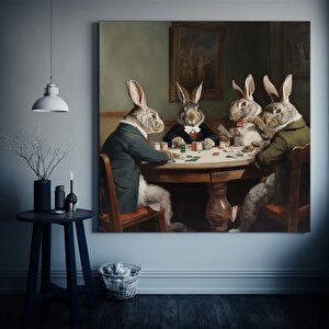 Vintage Tavşanlar Poker Doları Kanvas Tablo | Retro Poker Dekoru 120x120 cm