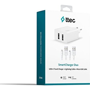 Smartcharger Duo 2.4a Seyahat Sarj Aleti Cift Usb+ Lightning Ve Micro Kablo Beyaz 2scs21db