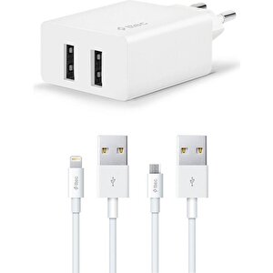 Ttec Smartcharger Duo 2.4a Seyahat Sarj Aleti Cift Usb+ Lightning Ve Micro Kablo Beyaz 2scs21db
