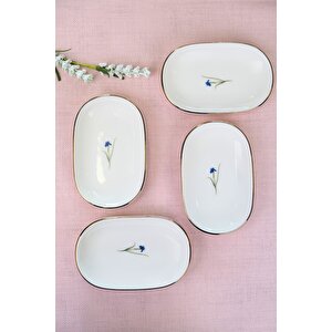 Tabak Evi Porselen Natura İris Altın Yaldızlı Oval Kayık Tabak 13,50x8,50x2,50cm 4 Lü