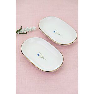 Tabak Evi Porselen Natura İris Altın Yaldızlı Oval Kayık Tabak 13,50x8,50x2,50cm 2 Li̇