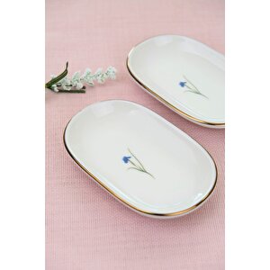 Tabak Evi Porselen Natura İris Altın Yaldızlı Oval Kayık Tabak 13,50x8,50x2,50cm 2 Li̇