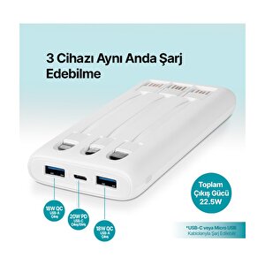 Powerslim Trio Lcd 10.000mah Pd 22,5w Dahili Kablolu Taşınabilir Şarj Aleti / Powerbank