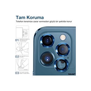 Iphone 12 Pro Kamera Koruyucu Lens Mercek Metal Çerçeveli 3lü Set Mavi Blue Uyumlu