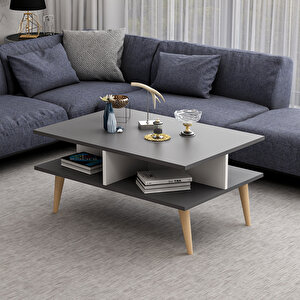 Poloo Ahşap Ayaklı Modern Dekoratif Orta Sehpa 90cm Beyaz-antrasit