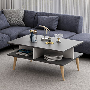 Poloo Ahşap Ayaklı Modern Dekoratif Orta Sehpa 90cm Beyaz-antrasit