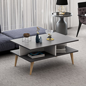 Poloo Ahşap Ayaklı Modern Dekoratif Orta Sehpa 90cm Beyaz-antrasit