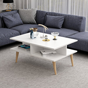 Poloo Ahşap Ayaklı Modern Dekoratif Orta Sehpa 90cm Beyaz