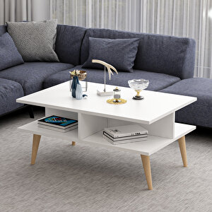 Poloo Ahşap Ayaklı Modern Dekoratif Orta Sehpa 90cm Beyaz