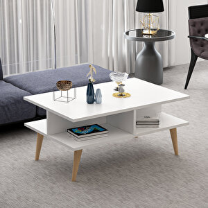 Poloo Ahşap Ayaklı Modern Dekoratif Orta Sehpa 90cm Beyaz