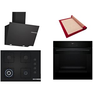 Siyah 3 Lü Ankastre Set 428 ( Hjg852yb0t - Poh7c6p30o - Dwk66pj60t  ) 67cm Wok Bek Ocak - 3d Fry Hava Ile Kızartma - Pişirme Matı Ile