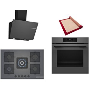 Gri 3 Lü Ankastre Set 441 ( Hjg852yn0t - Pnq7b9p30o - Dwk66pj70t  ) 75cm Wok Bek Ocak - 3d Fry Hava Ile Kızartma - Pişirme Matı Ile