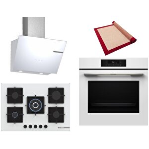 Beyaz 3 Lü Ankastre Set 443 ( Hjg852yw0t - Pnq7b2p30o - Dwk66pj20t  ) 75cm Wok Bek Ocak - 3d Fry Hava Ile Kızartma - Pişirme Matı Ile
