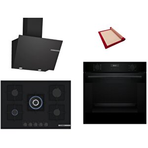Siyah 3 Lü Ankastre Set 432( Hua717ba0t - Pnq7b6p30o - Dwk66pj60t ) 75cm Wok Bek Ocak - Buhar Destekli - Pişirme Matı Ile