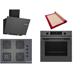 Gri 3 Lü Ankastre Set 426 ( Hua736en0t - Poh7c9p30o - Dwk66pj70t  ) 67cm Wok Bek Ocak - Buhar Destekli - Pişirme Matı Ile