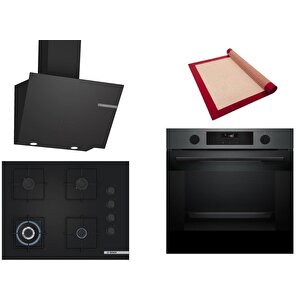 Siyah 3 Lü Ankastre Set 425 ( Hua736eg0t - Poh7c6p30o - Dwk66pj60t  ) 67cm Wok Bek Ocak - Buhar Destekli Siyah Inox Fırın - Pişirme Matı Ile