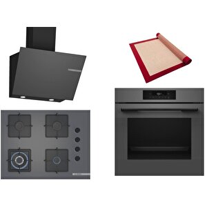 Gri 3 Lü Ankastre Set 429 ( Hjg852yn0t - Poh7c9p30o - Dwk66pj70t  ) 67cm Wok Bek Ocak - 3d Fry Hava Ile Kızartma - Pişirme Matı Ile