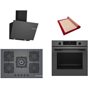 Gri 3 Lü Ankastre Set 433 ( Hua717bn0t - Pnq7b9p30o - Dwk66pj70t  ) 75cm Wok Bek Ocak - Buhar Destekli - Pişirme Matı Ile