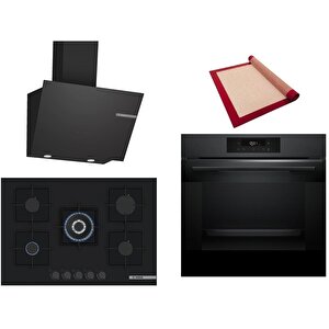 Siyah 3 Lü Ankastre Set 442 ( Hjg852yt0t - Pnq7b6p30o - Dwk66pj60t  ) 75cm Wok Bek Ocak - 3d Fry Hava Ile Kızartma - Pişirme Matı Ile