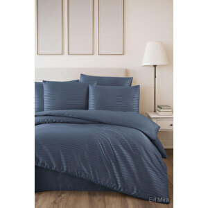 Aria Çizgi Saten Çift Kişilik Nevresim Takımı %100 Pamuklu İndigo