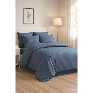 Aria Çizgi Saten Çift Kişilik Nevresim Takımı %100 Pamuklu İndigo