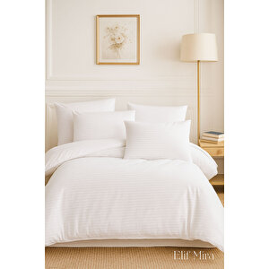 Aria Çizgi Saten Çift Kişilik Nevresim Takımı %100 Pamuklu Beyaz