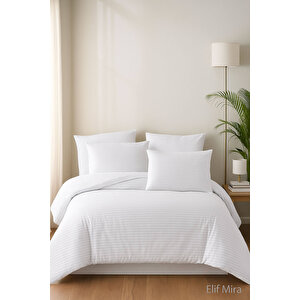 Aria Çizgi Saten Çift Kişilik Nevresim Takımı %100 Pamuklu Beyaz
