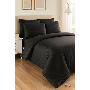 Aria Çizgi Saten Çift Kişilik Nevresim Takımı %100 Pamuklu Siyah