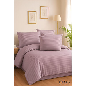 Aria Çizgi Saten Çift Kişilik Nevresim Takımı %100 Pamuklu Mürdüm