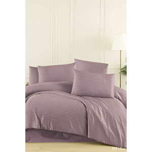 Aria Çizgi Saten Çift Kişilik Nevresim Takımı %100 Pamuklu Mürdüm