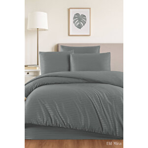 Aria Çizgi Saten Çift Kişilik Nevresim Takımı %100 Pamuklu Antrasit