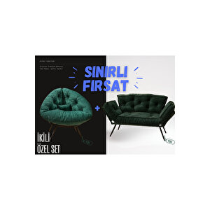 Elite Comfort Set | Premium Tekli Berjer + İkili Kanepe | Konforlu Oturma Takımı Yeşil
