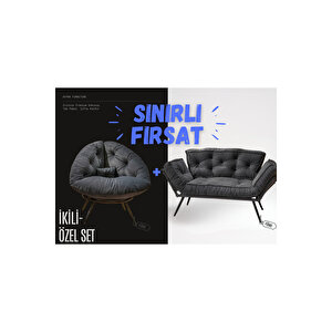 Elite Comfort Set | Premium Tekli Berjer + İkili Kanepe | Konforlu Oturma Takımı Füme