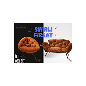 Elite Comfort Set | Premium Tekli Berjer + İkili Kanepe | Konforlu Oturma Takımı Turuncu