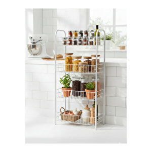 4 Katlı Beyaz Çok Amaçlı Metal Raf, Mutfak Raf, Banyo Raf, Düzenleyici 80x40x23