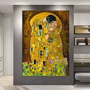 Öpüşen Aşıklar Kanvas; Klimt Stili; Büyük Tablo 90x150 cm