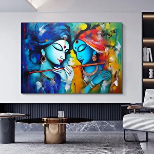 Radha Krishna Tablosu – Reprodüksiyon Kanvas, Geleneksel Hint Baskısı, Krishna Ve Radha Duvar Dekoru 40x60 cm
