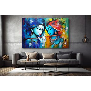 Radha Krishna Tablosu – Reprodüksiyon Kanvas, Geleneksel Hint Baskısı, Krishna Ve Radha Duvar Dekoru