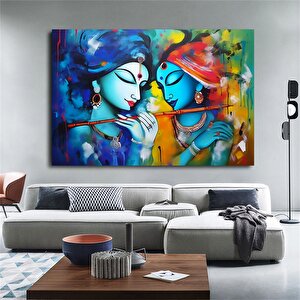 Radha Krishna Tablosu – Reprodüksiyon Kanvas, Geleneksel Hint Baskısı, Krishna Ve Radha Duvar Dekoru 80x120 cm
