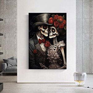 Damat Ve Gelinin İskeletli Çizimi; Kanvas Duvar Sanatı; İskelet Kanvas Baskısı