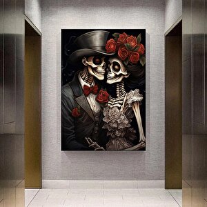 Damat Ve Gelinin İskeletli Çizimi; Kanvas Duvar Sanatı; İskelet Kanvas Baskısı 40x60 cm