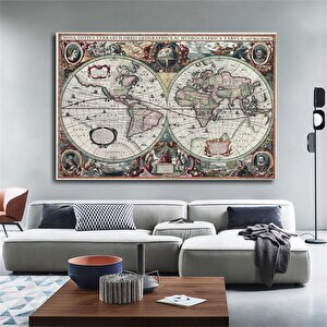 1630 Dünya Haritası Kanvas Tablosu; 17. Yüzyıl Detaylı Dünya Haritası 60x120 cm