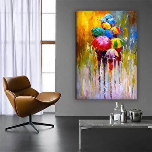 Şemsiyeler Altında Yürüyen İnsanlar Kanvas; Renkli Şemsiye Asmaları 20x30 cm