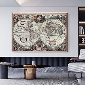 1630 Dünya Haritası Kanvas Tablosu; 17. Yüzyıl Detaylı Dünya Haritası 140x200 cm