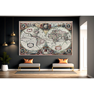 1630 Dünya Haritası Kanvas Tablosu; 17. Yüzyıl Detaylı Dünya Haritası 140x200 cm