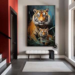 Kaplan Ve Yavrusu Kanvas Tablo | Vahşi Yaşam Portresi 100x150 cm