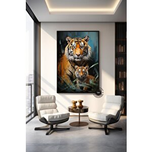 Kaplan Ve Yavrusu Kanvas Tablo | Vahşi Yaşam Portresi 40x60 cm