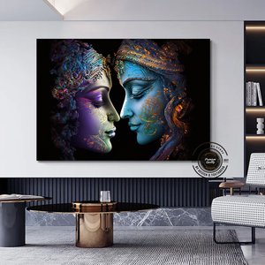 Radha Krishna Tablosu – Geleneksel Hint Reprodüksiyonu, Duvar Dekoru 50x70 cm